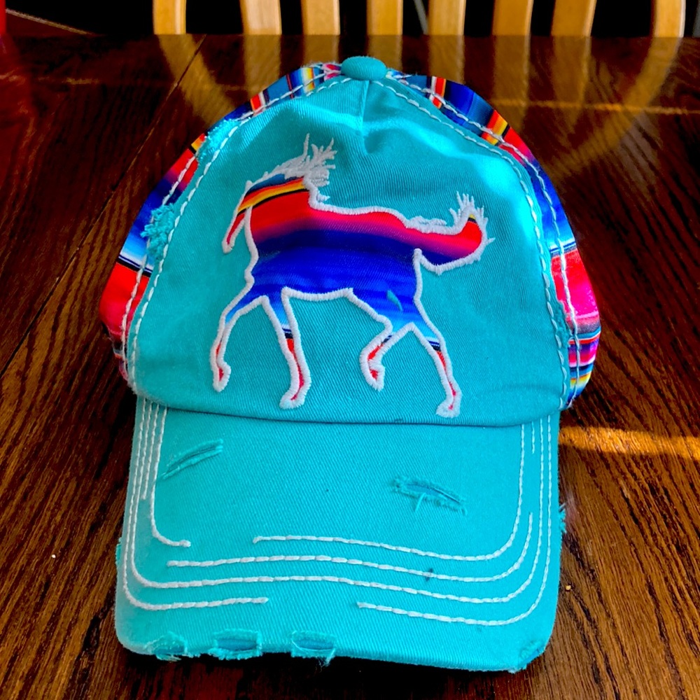 Serape distressed turquoise horse ball cap.